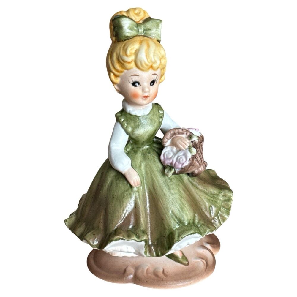 Napcoware C-8416 Girl Figurine Olive Dress Basket Japan 4.5" Tall